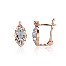Золотые серьги на английском замке, 2.42 g, Красное Золото 585 проба, Бриллианты , Небесно-голубой топаз