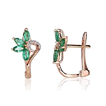 Gold earrings with 'english' lock, Red Gold 585 fineness, Rhodium (Plating) , Diamonds , Emerald