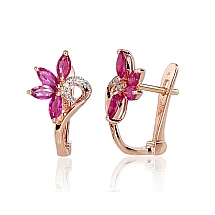 Gold earrings with 'english' lock, Red Gold 585 fineness, Rhodium (Plating) , Diamonds , Ruby