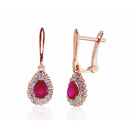 English lock,  - Gold earrings with english lock, 1.51 g, Red Gold 585 fineness, Rhodium (Plating) , Diamonds , Ruby