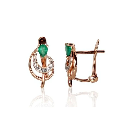 English lock,  - Gold earrings with english lock, 2.13 g, Red Gold 585 fineness, Rhodium (Plating) , Diamonds , Emerald