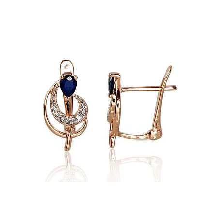 English lock,  - Gold earrings with english lock, 2.28 g, Red Gold 585 fineness, Rhodium (Plating) , Diamonds , Sapphire