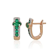 Gold earrings with 'english' lock, Red Gold 585 fineness, Rhodium (Plating) , Diamonds , Emerald