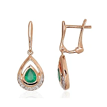 Gold earrings with 'english' lock, Red Gold 585 fineness, Rhodium (Plating) , Diamonds , Emerald