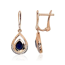 Gold earrings with 'english' lock, Red Gold 585 fineness, Rhodium (Plating) , Diamonds , Sapphire