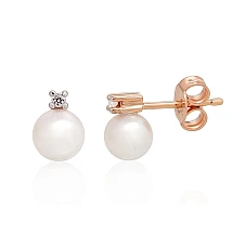 Gold classic studs earrings, Red Gold 585 fineness, Rhodium (Plating) , Diamonds , Fresh-water Pearl