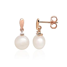 Gold classic studs earrings, Red Gold 585 fineness, Rhodium (Plating) , Diamonds , Fresh-water Pearl
