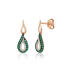 Gold classic studs earrings, 2.24 g, Red Gold 585 fineness, Rhodium (Plating) , Diamonds , Emerald