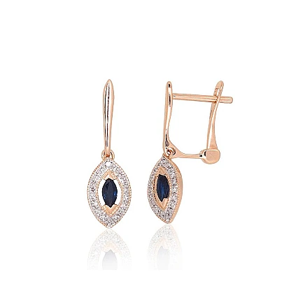 English lock,  - Gold earrings with english lock, 1.91 g, Red Gold 585 fineness, Rhodium (Plating) , Diamonds , Sapphire