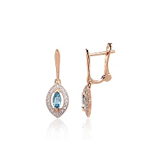 Gold earrings with 'english' lock, 1.86 g, Red Gold 585 fineness, Rhodium (Plating) , Diamonds , Blue Topaz