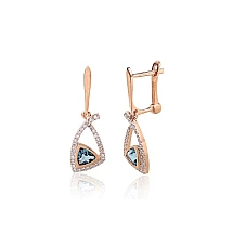 Gold earrings with 'english' lock, Red Gold 585 fineness, Rhodium (Plating) , Diamonds , Blue Topaz