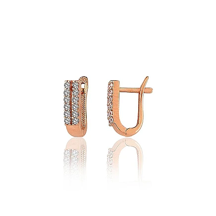 English lock,  - Gold earrings with english lock, 1.19 g, Red Gold 585 fineness, Zirkons