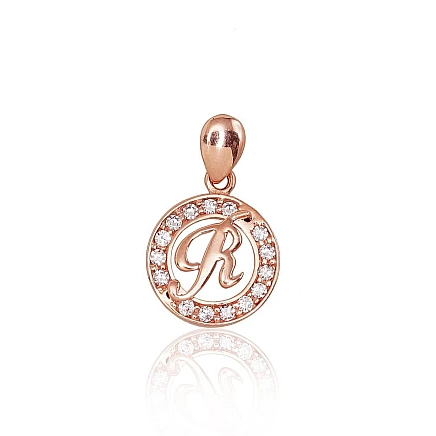 Буквы,  - Золотой кулон, 0.84 g, Красное Золото 585 проба, Цирконы, Буква: R