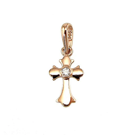 Крестики и иконки, Крестикик - Золотой кулон, 0.18 g, Красное Золото 585 проба, Цирконы