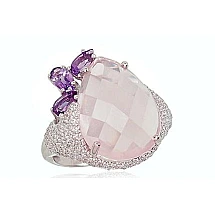 Серебряное кольцо, 17, 6.2 g, Серебро 925 проба, родий (покрытие), Цирконы , Розовый кварц , Аметист