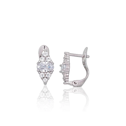 На английском замке,  - Серебряные серьги на английском замке, 1.2 g, Серебро 925 проба, родий (покрытие), Цирконы