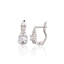 Серебряные серьги на английском замке, 1.1 g, Серебро 925 проба, родий (покрытие), Цирконы
