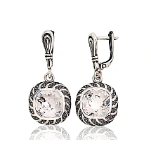 Silver earrings with 'english' lock, Silver 925 fineness, oxide (Plating), Crystals