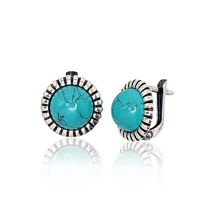 English lock,  - Silver earrings with english lock, Silver 925 fineness, oxide (Plating), Turquoise (Imitation)