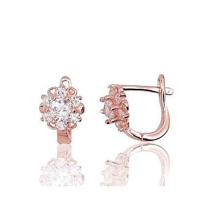 English lock,  - Silver earrings with english lock, 2.3 g, Silver 925 fineness, red gold (Plating), Zirkons