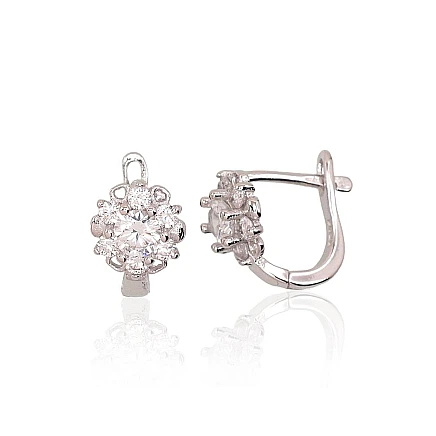 English lock,  - Silver earrings with english lock, 2.3 g, Silver 925 fineness, Rhodium (Plating), Zirkons