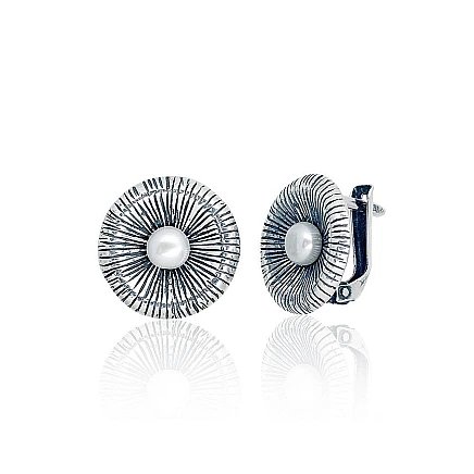 English lock,  - Silver earrings with english lock, 4.9 g, Silver 925 fineness, oxide (Plating), Fresh-water Pearl