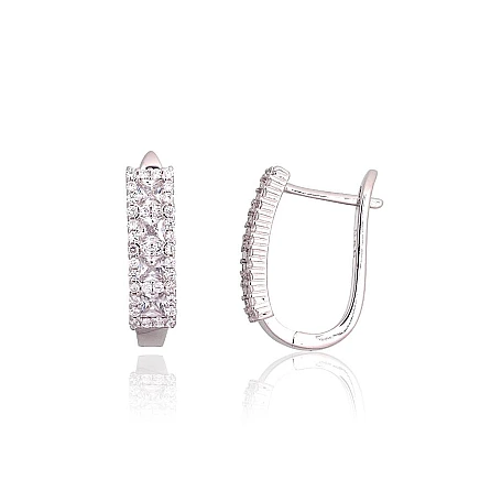 English lock,  - Silver earrings with english lock, 3.2 g, Silver 925 fineness, Rhodium (Plating), Zirkons
