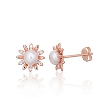 Silver stud earrings, Silver 925 fineness, red gold (Plating), Zirkons , Fresh-water Pearl