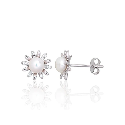 stud,  - Silver stud earrings, Silver 925 fineness, Rhodium (Plating), Zirkons, Fresh-water Pearl