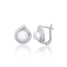 Silver earrings with 'english' lock, 4.3 g, Silver 925 fineness, Rhodium (Plating), Zirkons , Fresh-water Pearl