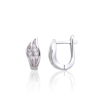 На английском замке,  - Серебряные серьги на английском замке, 2.6 g, Серебро 925 проба, родий (покрытие), Цирконы