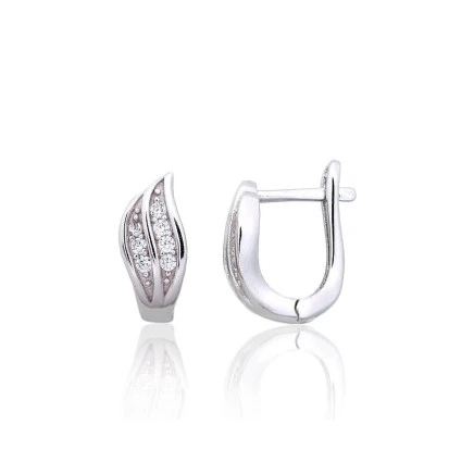 English lock,  - Silver earrings with english lock, 2.7 g, Silver 925 fineness, Rhodium (Plating), Zirkons