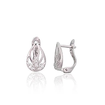 Серебряные серьги на английском замке, 1.2 g, Серебро 925 проба, родий (покрытие), Цирконы