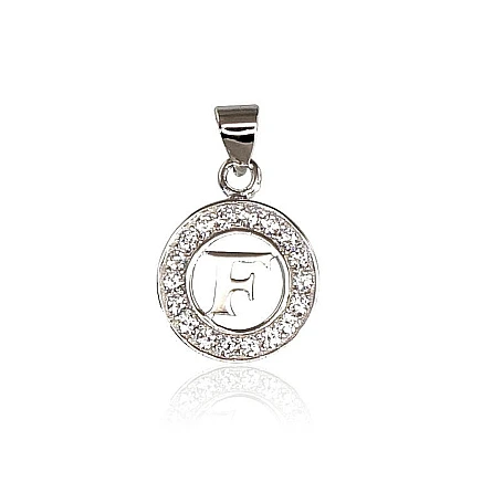 Буквы, Буква F - Серебряный кулон, 1.1 g, Серебро 925 проба, родий (покрытие), Цирконы