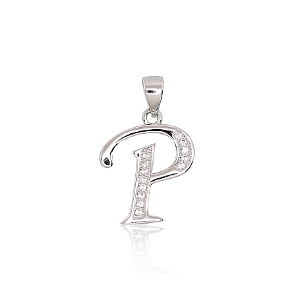 Буквы, Буква P - Серебряный кулон, 1.7 g, Серебро 925 проба, родий (покрытие), Цирконы