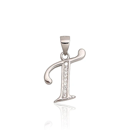 Letters, Letter T - Silver pendant, 1.3 g, Silver 925 fineness, Rhodium (Plating), Zirkons