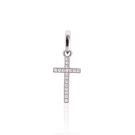 Крестики и иконки, Крест - Серебряный кулон, 0.6 g, Серебро 925 проба, родий (покрытие), Цирконы