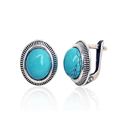 English lock,  - Silver earrings with english lock, Silver 925 fineness, oxide (Plating), Turquoise (Imitation)