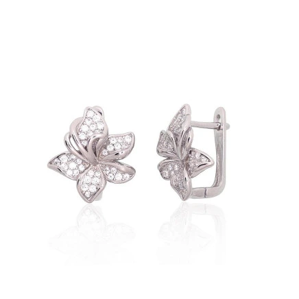English lock,  - Silver earrings with english lock, 4.2 g, Silver 925 fineness, Rhodium (Plating), Zirkons