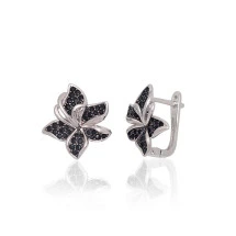 Flower, Silver earrings with 'english' lock, 925 fineness, Rhodium (Plating), Black Zirkons