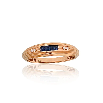 Gold ring, Red Gold 585 fineness, Diamonds, Sapphire