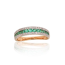 Gold ring, Red Gold 585 fineness, Rhodium (Plating), Diamonds, Emerald