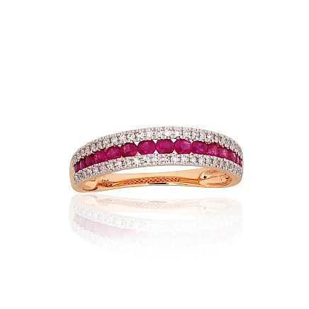 Gold ring, Red Gold 585 fineness, Rhodium (Plating), Diamonds, Ruby