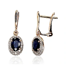 Gold earrings with 'english' lock, Red Gold 585 fineness, Rhodium (Plating) , Diamonds , Sapphire