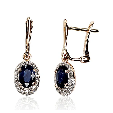 English lock,  - Gold earrings with english lock, Red Gold 585 fineness, Rhodium (Plating) , Diamonds , Sapphire