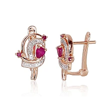 Gold earrings with 'english' lock, Red Gold 585 fineness, Rhodium (Plating) , Diamonds , Ruby