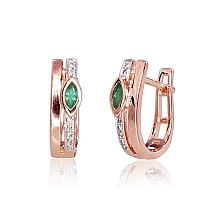 Gold earrings with 'english' lock, Red Gold 585 fineness, Rhodium (Plating) , Diamonds , Emerald