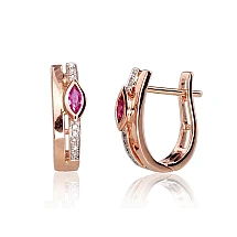 Gold earrings with 'english' lock, Red Gold 585 fineness, Rhodium (Plating) , Diamonds , Ruby