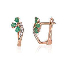 Gold earrings with 'english' lock, Red Gold 585 fineness, Rhodium (Plating) , Diamonds , Emerald