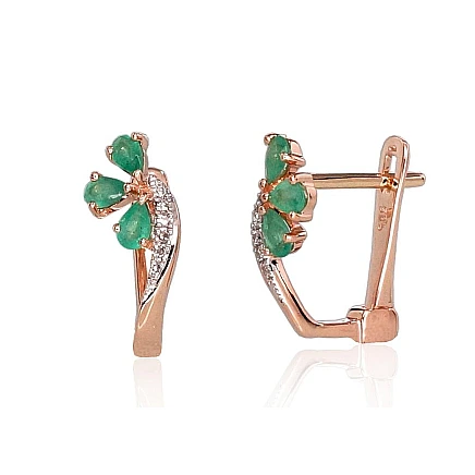 English lock,  - Gold earrings with english lock, Red Gold 585 fineness, Rhodium (Plating) , Diamonds , Emerald